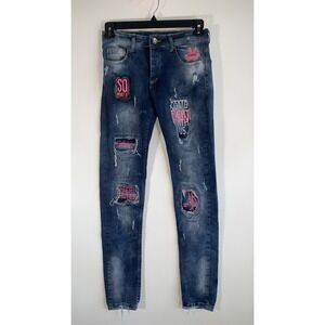 XWAY Women's Embroidered‎ Skinny Jeans Size 29 (MOD-6091-1) Patch Work Blue Pink